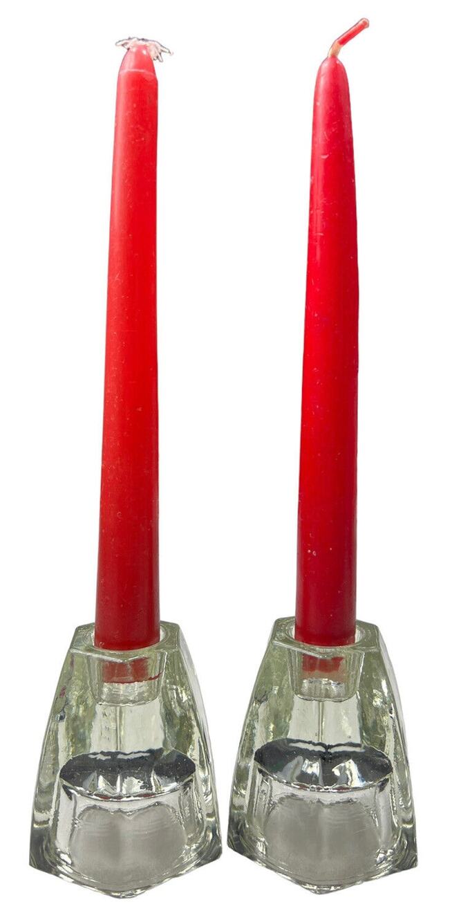 Vtg Pair Reversible Candle Holders Clear Glass Dual Taper Votive Table Wedding